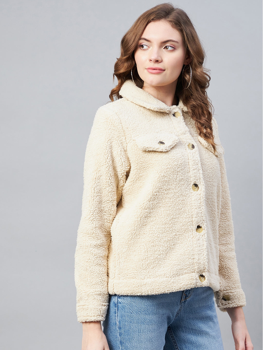 StyleStone Women's Cream Fleece Casual Winter Jacket