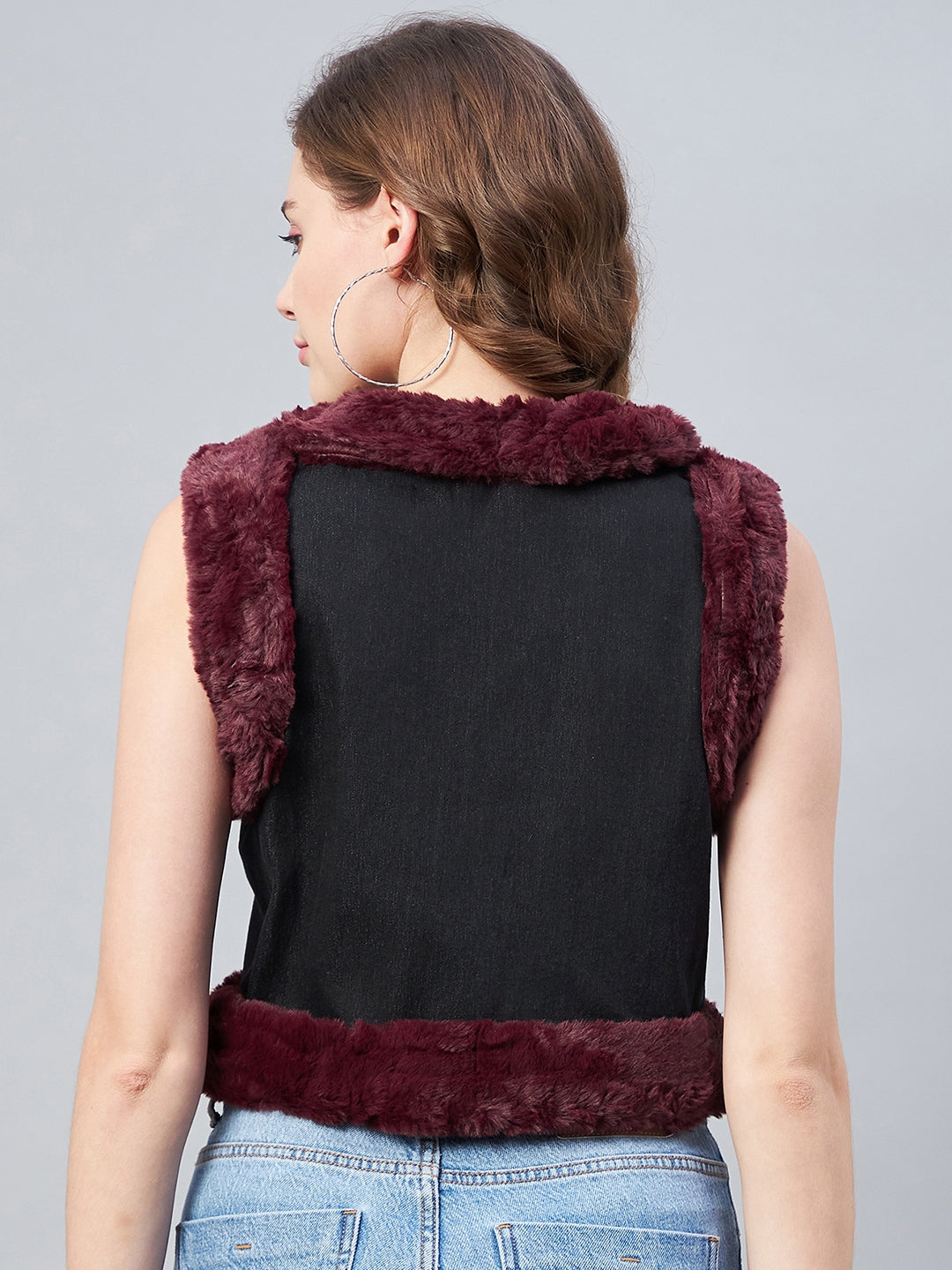 StyleStone Women's Denim and Fur Trim Bolero Crop Shrug