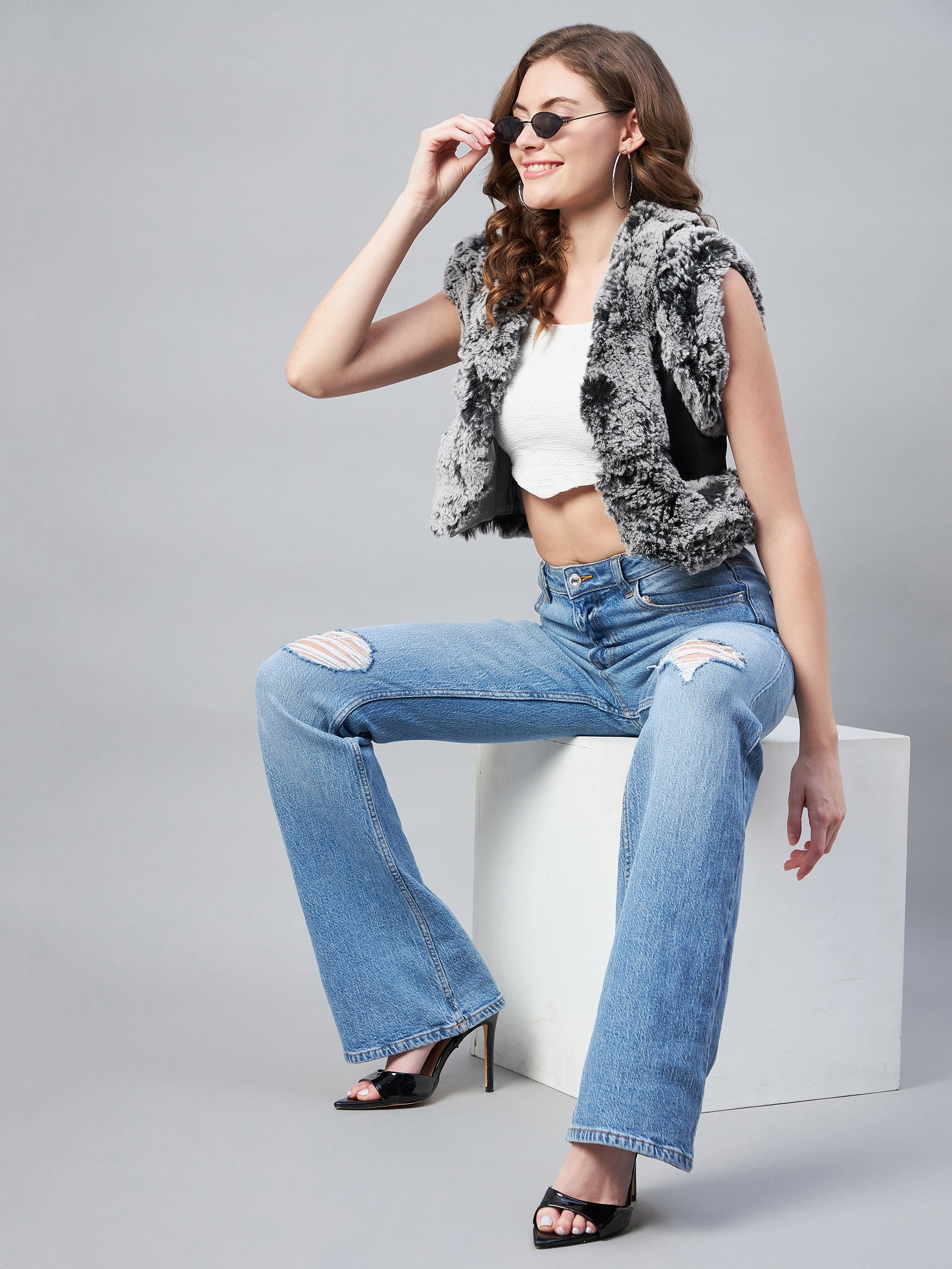 StyleStone Women's Denim and Fur Trim Bolero Crop Shrug