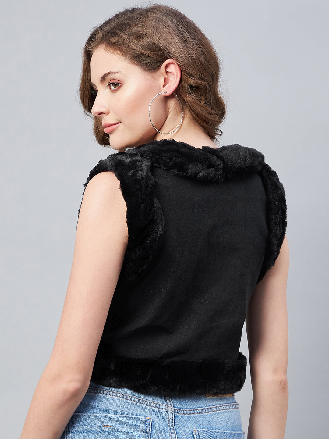 StyleStone Women's Denim and Fur Trim Bolero Crop Shrug