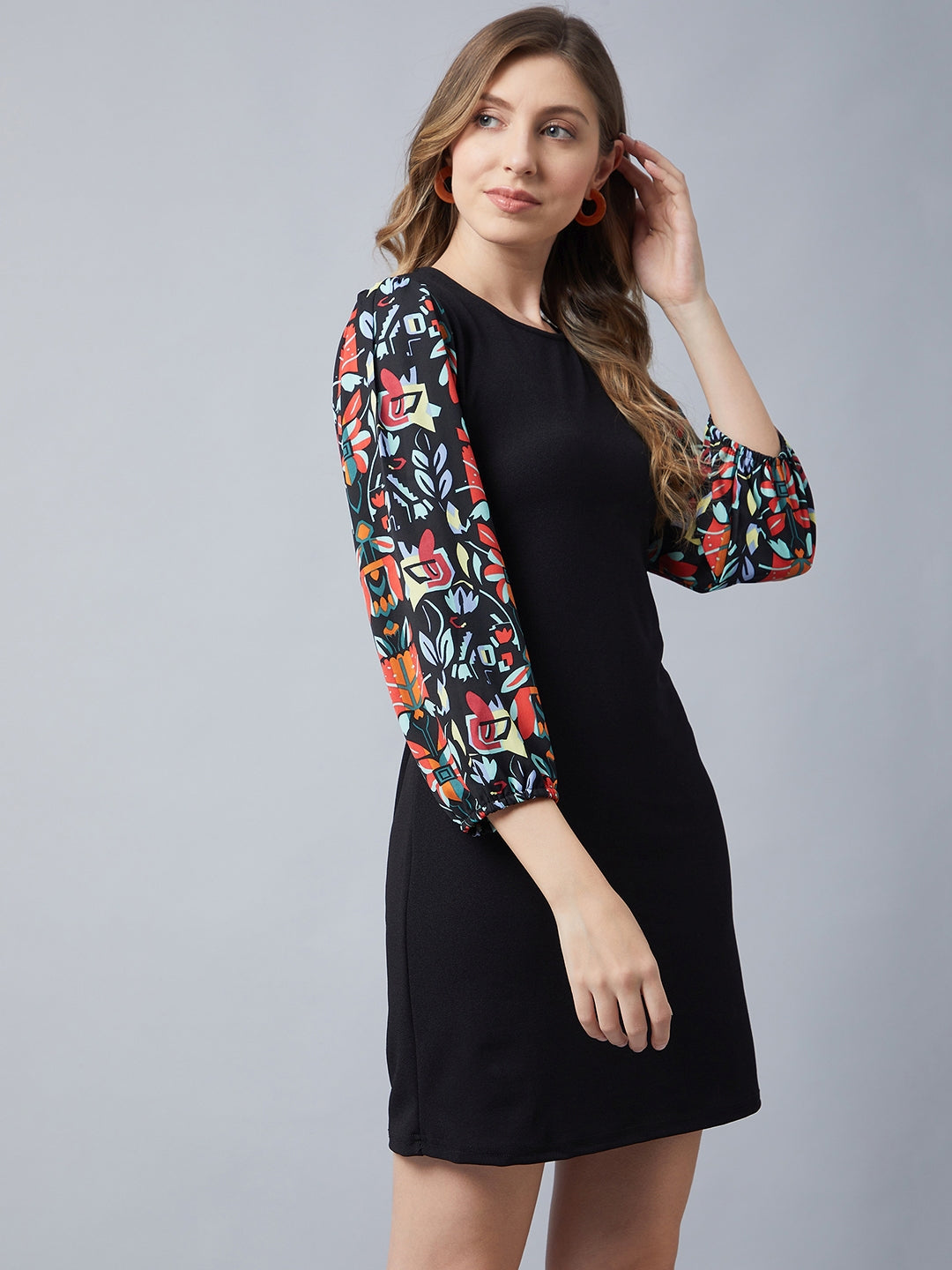 StyleStone Women's Black Dress with Printed Balloon Sleeves