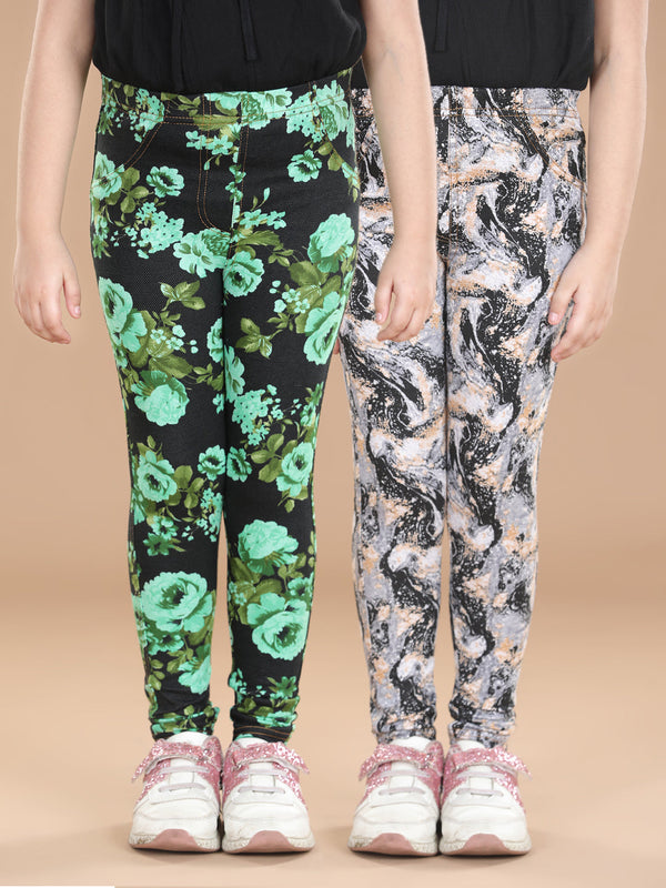 Girls Cotton Floral Printed Pack of 2 Jeggings