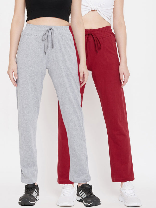 Women's Pack of 2 Track Pants-Light Grey and Maroon