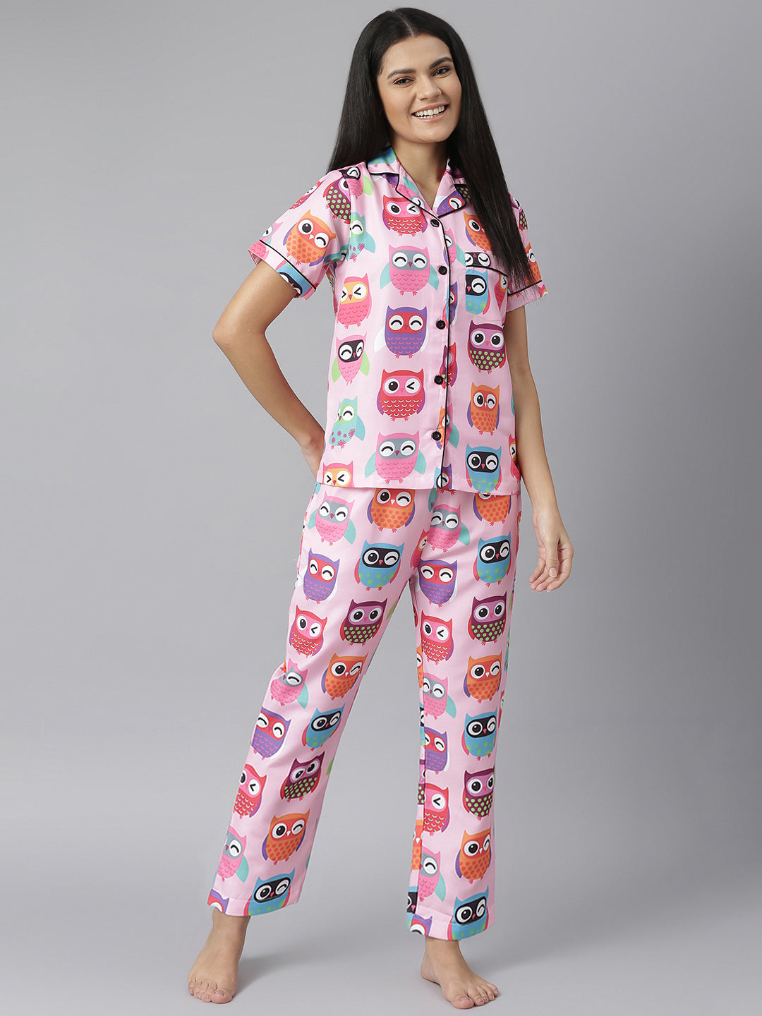 Women's Pink Owl Digital Print Night Suit Set