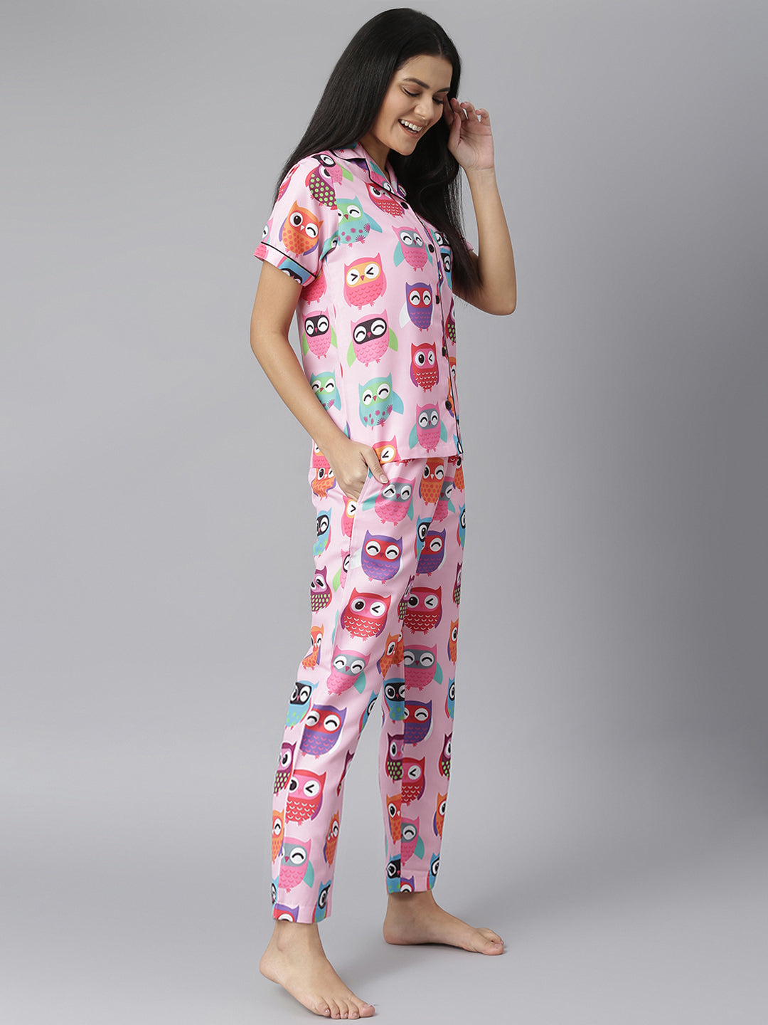 Women's Pink Owl Digital Print Night Suit Set