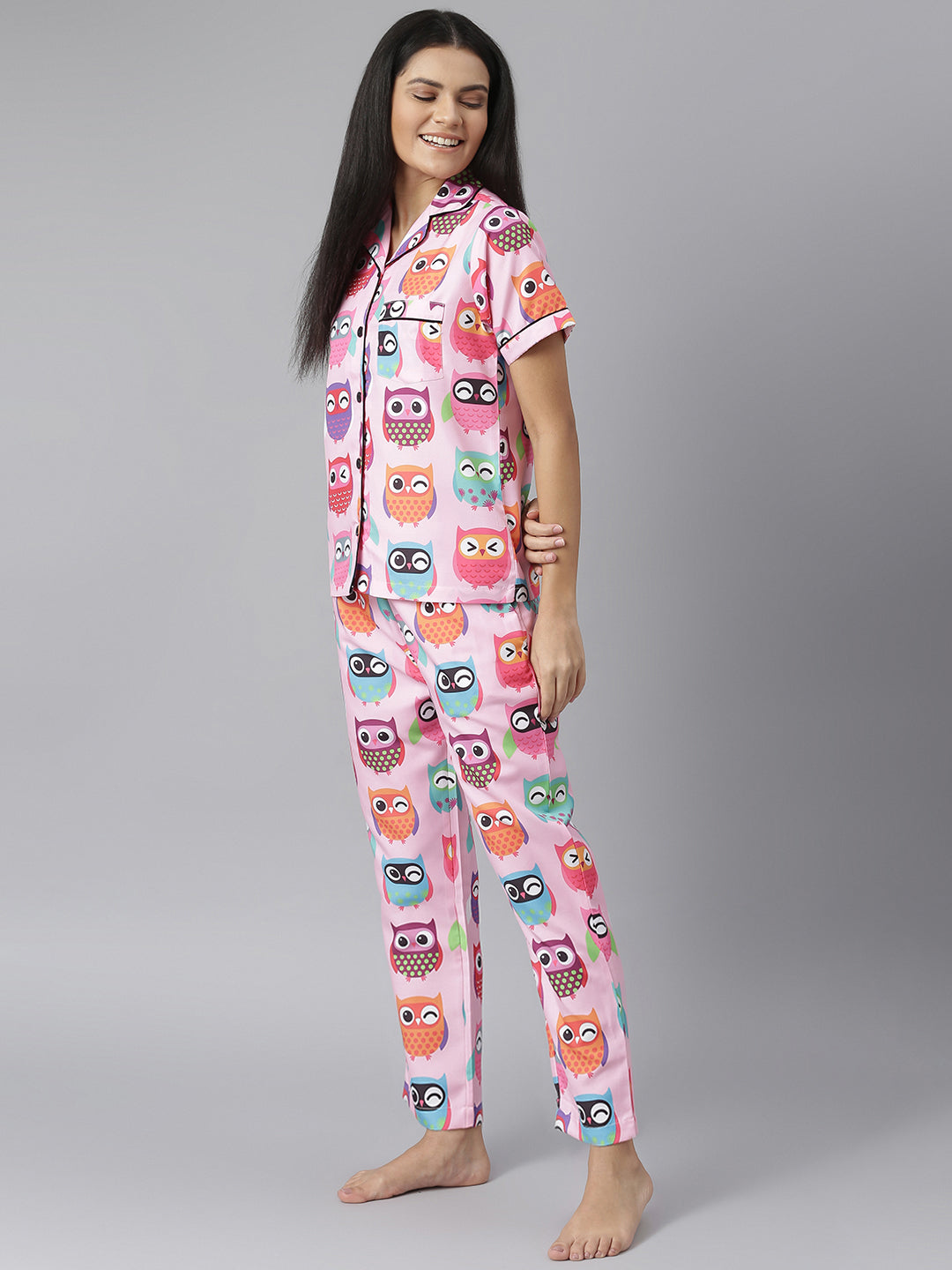 Women's Pink Owl Digital Print Night Suit Set