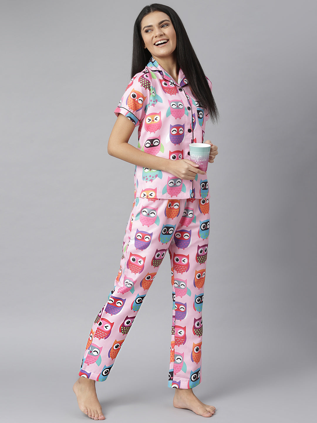 Women's Pink Owl Digital Print Night Suit Set