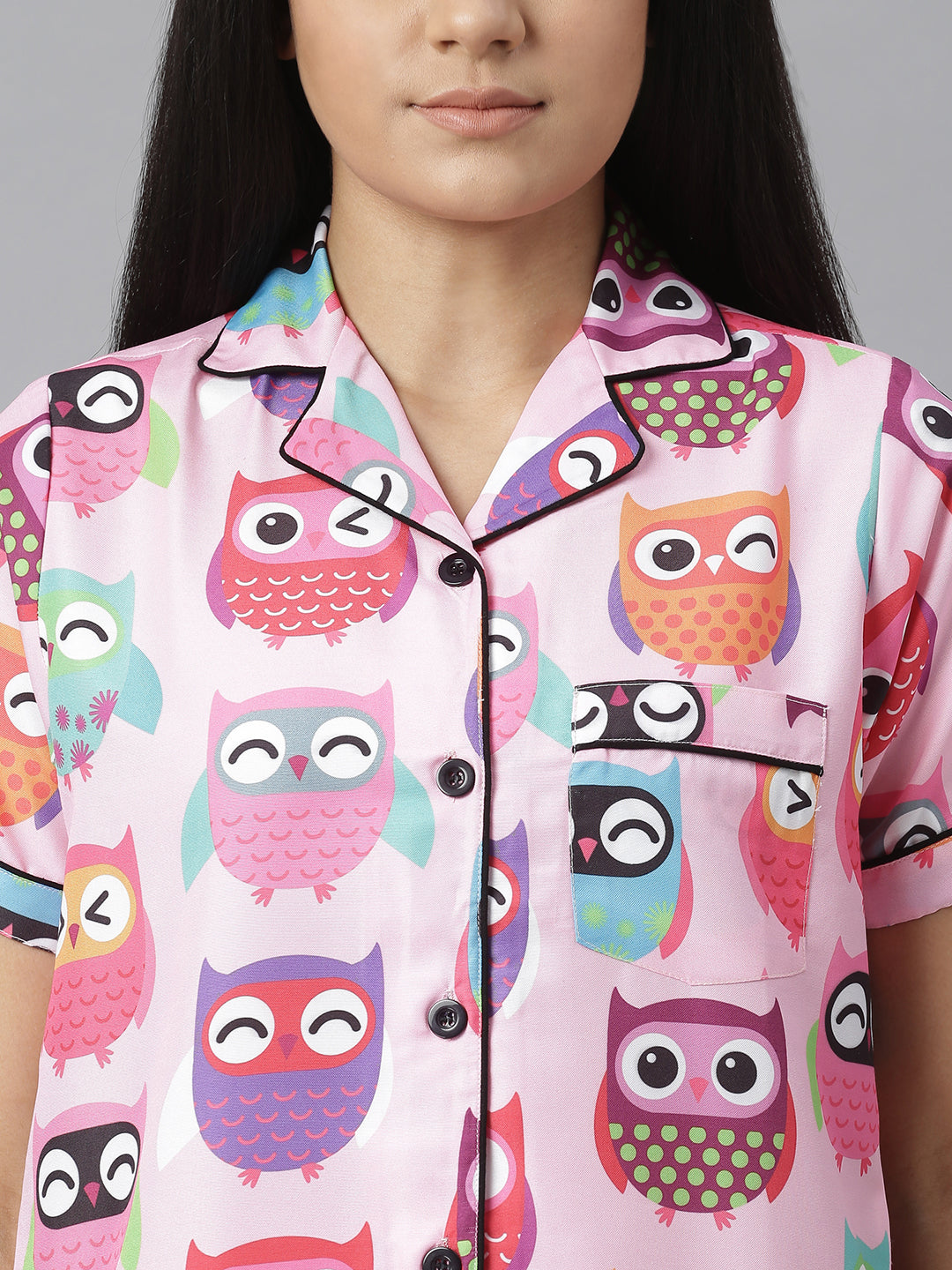 Women's Pink Owl Digital Print Night Suit Set