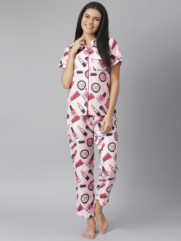 Women's Pink Makeup Digital Printed Night Suit Set