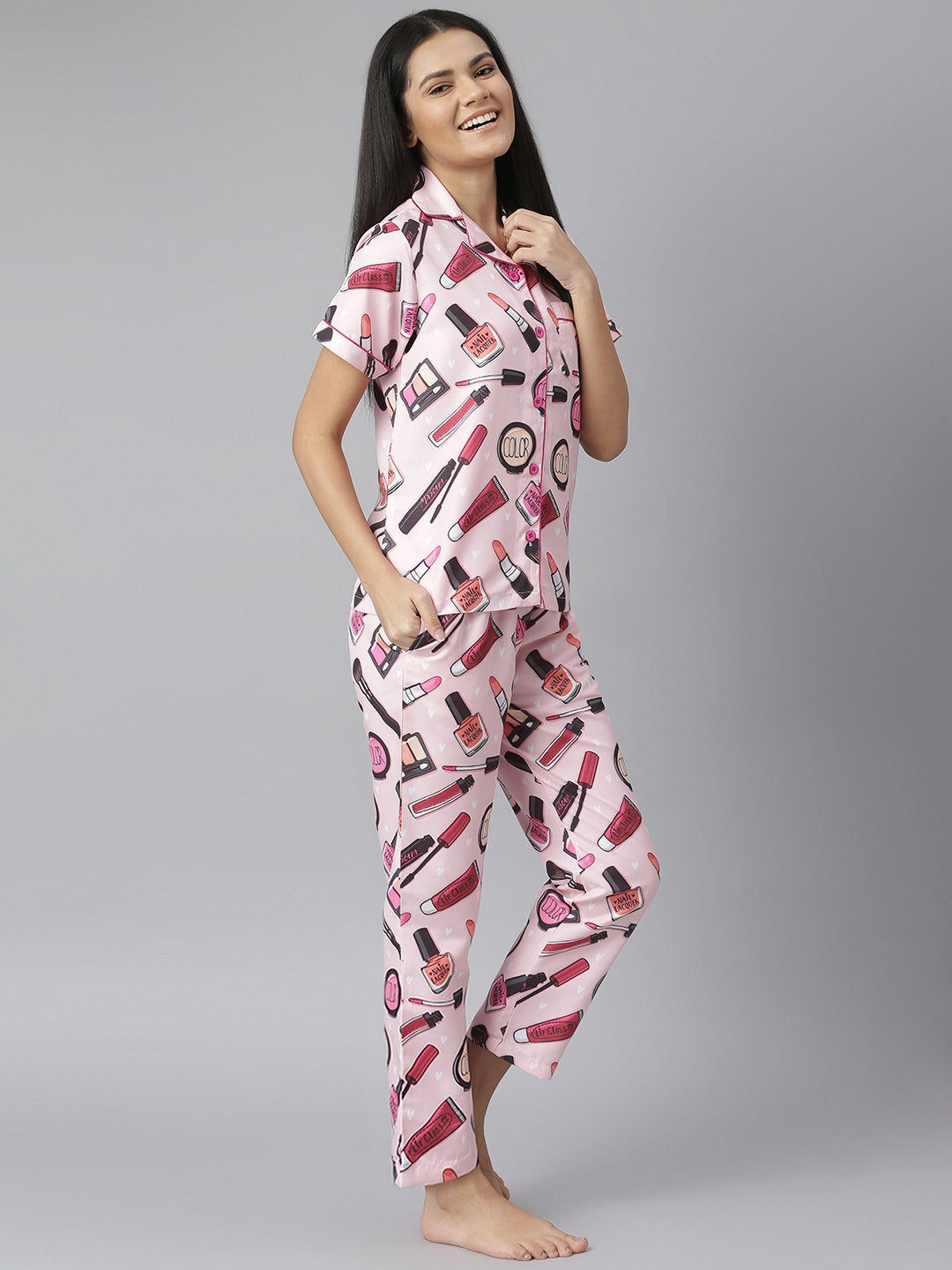 Women's Pink Makeup Digital Printed Night Suit Set