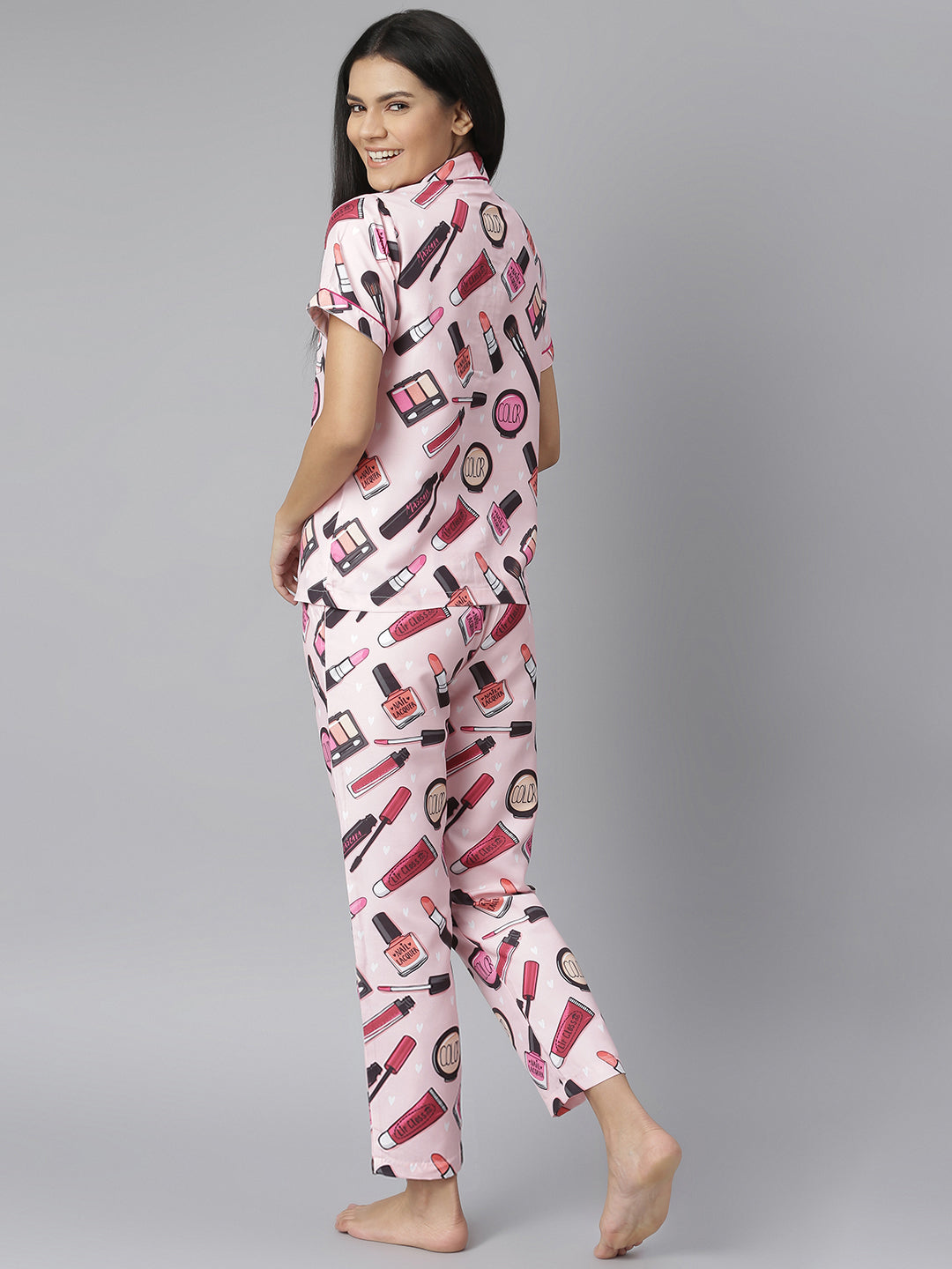 Women's Pink Makeup Digital Printed Night Suit Set