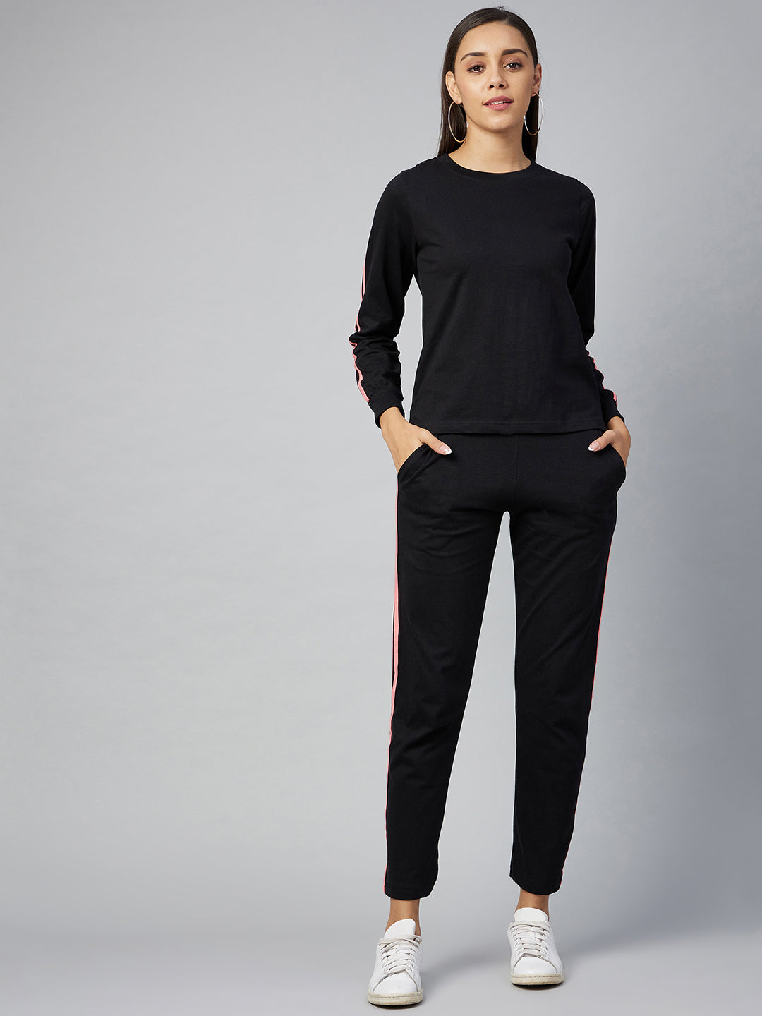 Women's Cotton Black Track Suit Set with Pink Stripe