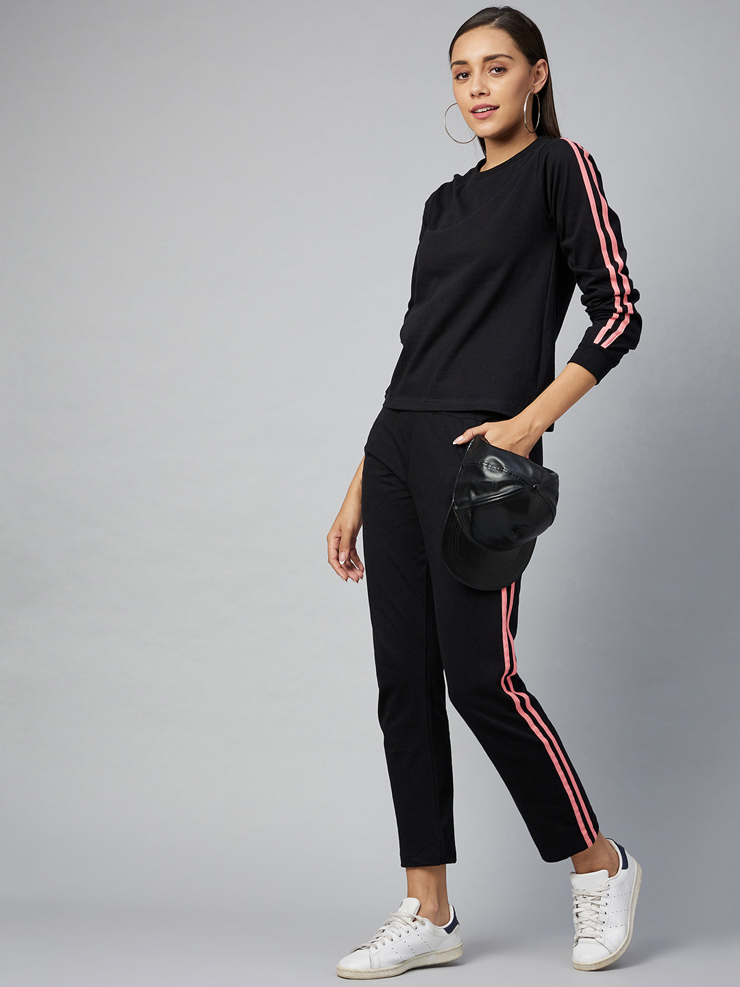 Women's Cotton Black Track Suit Set with Pink Stripe