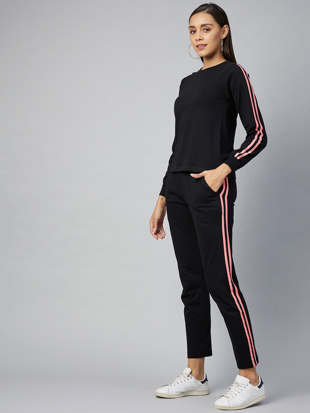 Women's Cotton Black Track Suit Set with Pink Stripe