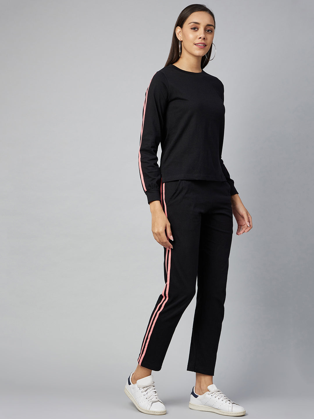Women's Cotton Black Track Suit Set with Pink Stripe