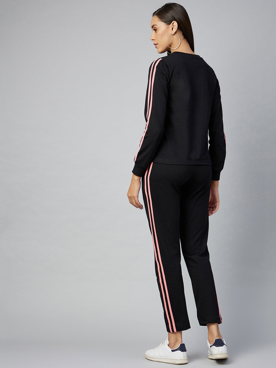 Women's Cotton Black Track Suit Set with Pink Stripe