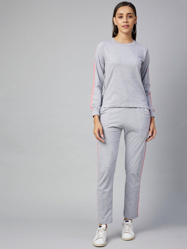 Women's Cotton Light Grey Track Suit Set with Pink Stripe