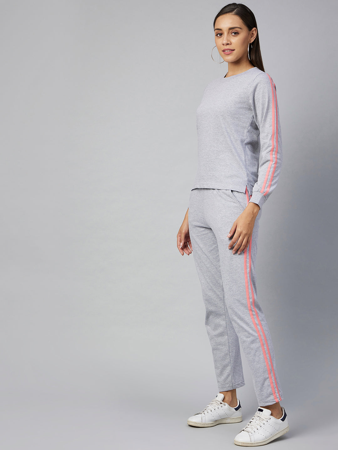 Women's Cotton Light Grey Track Suit Set with Pink Stripe