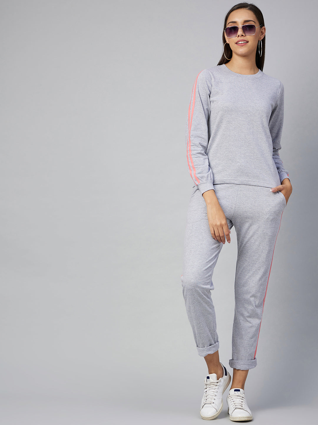 Women's Cotton Light Grey Track Suit Set with Pink Stripe