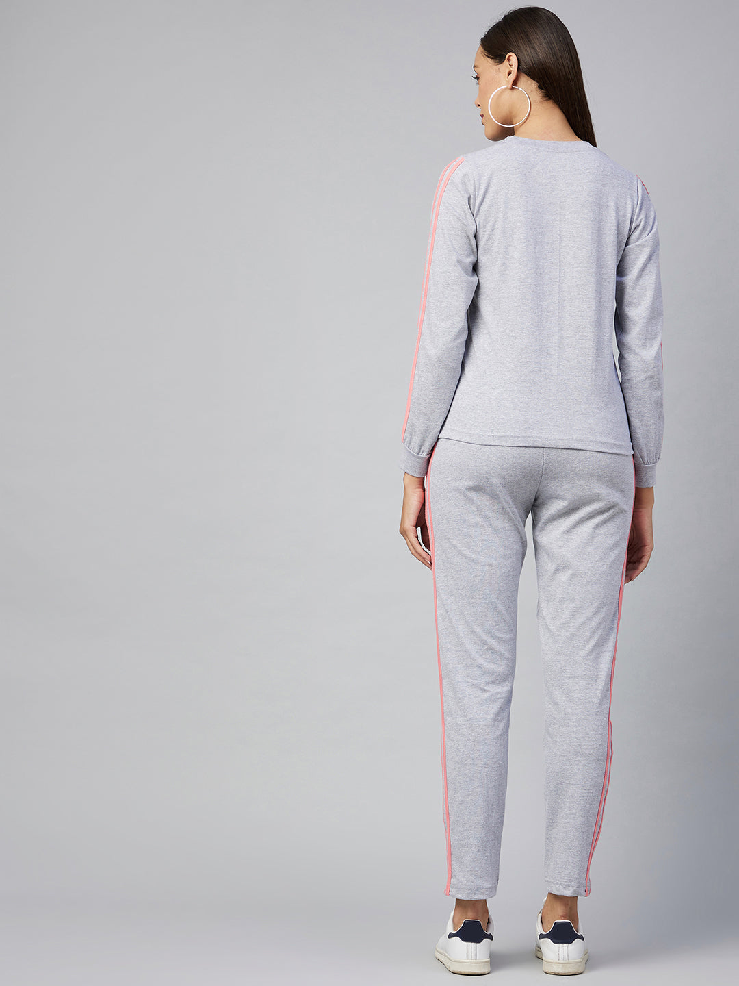 Women's Cotton Light Grey Track Suit Set with Pink Stripe