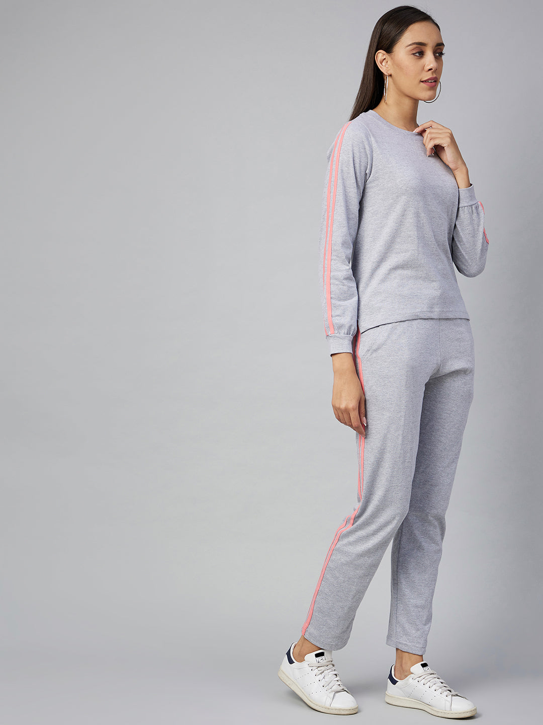 Women's Cotton Light Grey Track Suit Set with Pink Stripe