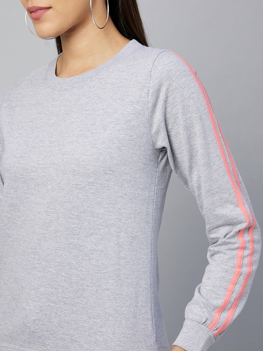 Women's Cotton Light Grey Track Suit Set with Pink Stripe