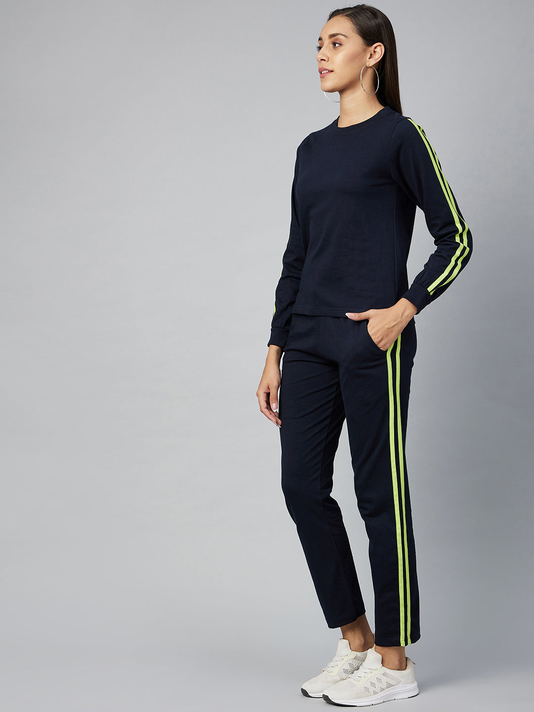 Women's Cotton Navy Blue Track Suit Set with Lime Green Stripe