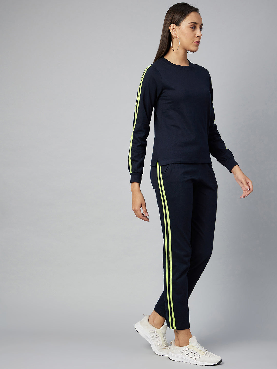 Women's Cotton Navy Blue Track Suit Set with Lime Green Stripe