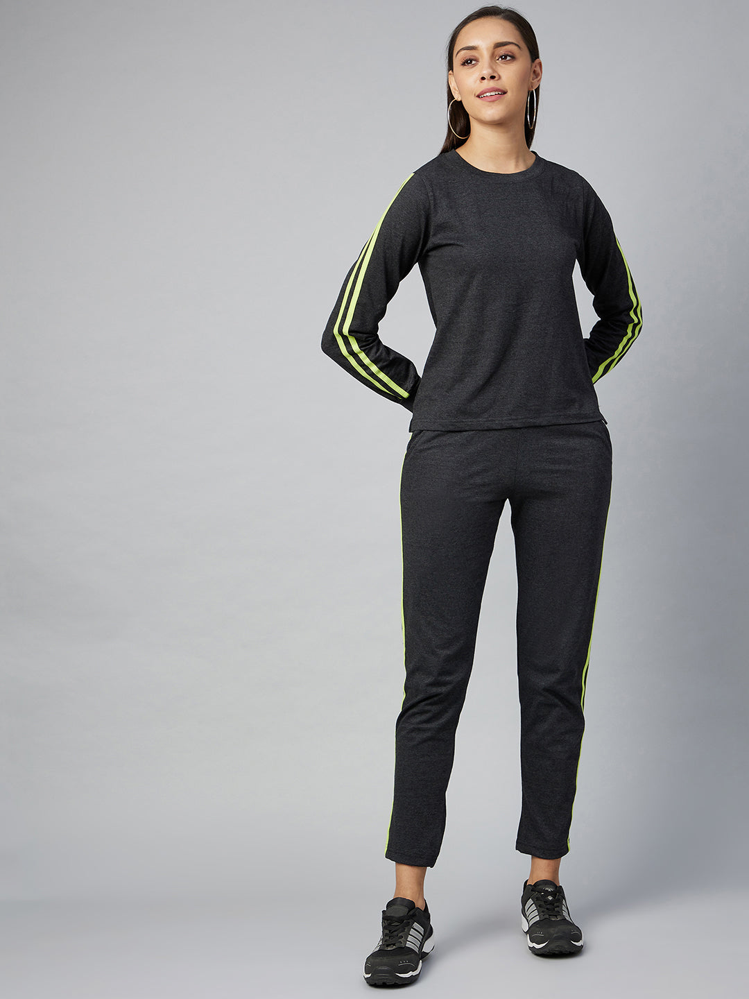 Women's Cotton Dark Grey Track Suit Set with Lime Green Stripe