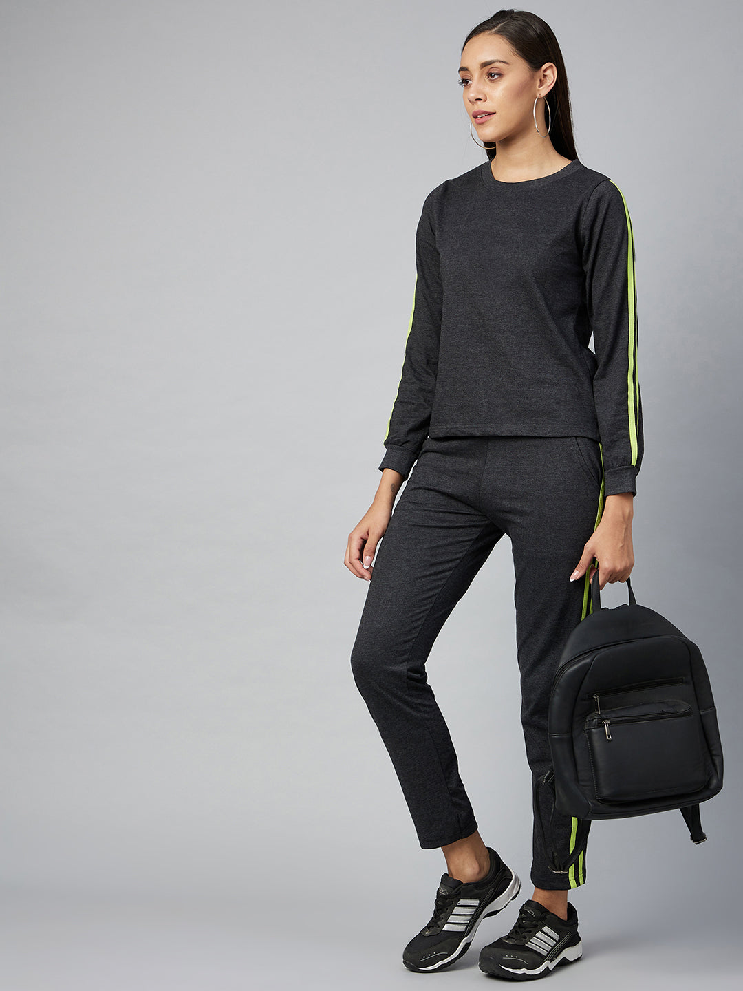 Women's Cotton Dark Grey Track Suit Set with Lime Green Stripe