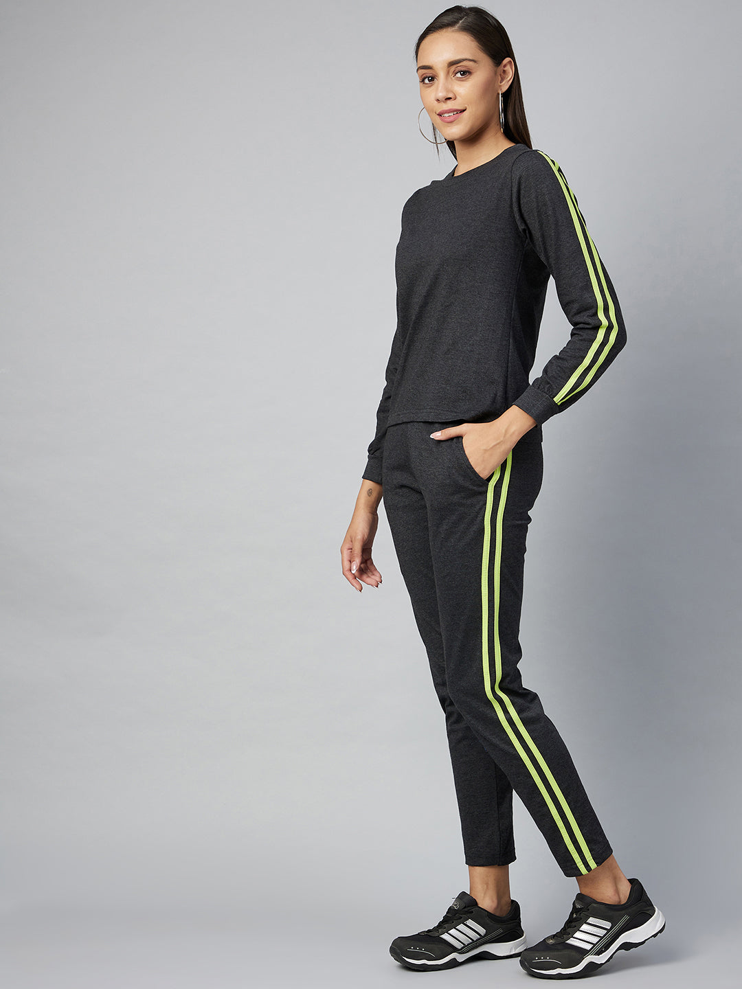 Women's Cotton Dark Grey Track Suit Set with Lime Green Stripe