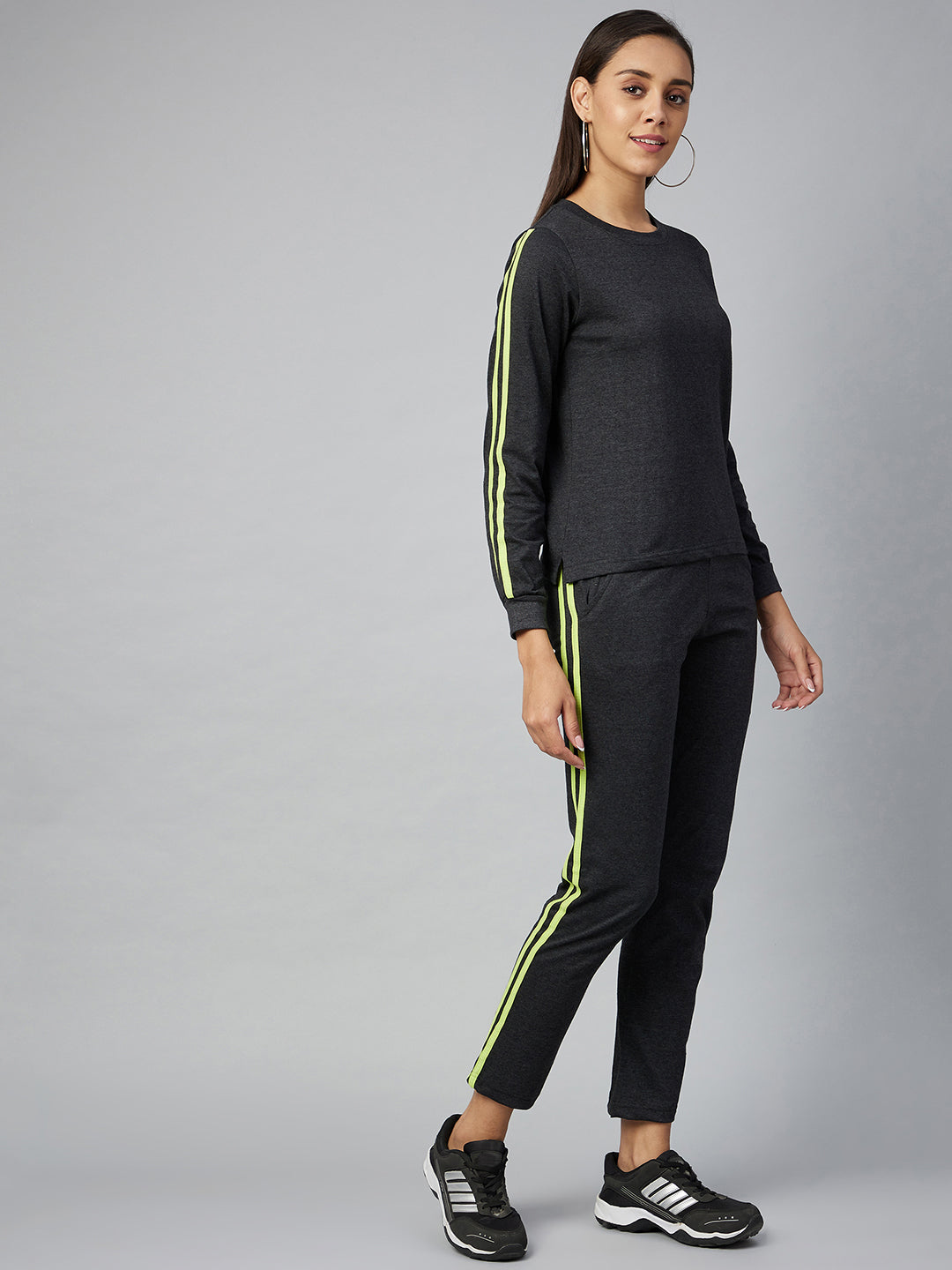 Women's Cotton Dark Grey Track Suit Set with Lime Green Stripe