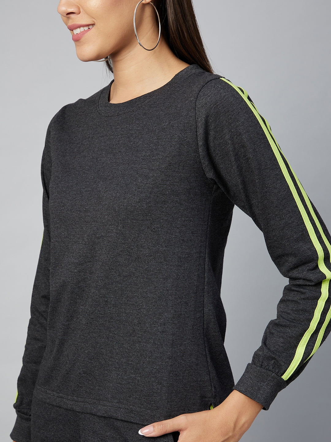 Women's Cotton Dark Grey Track Suit Set with Lime Green Stripe