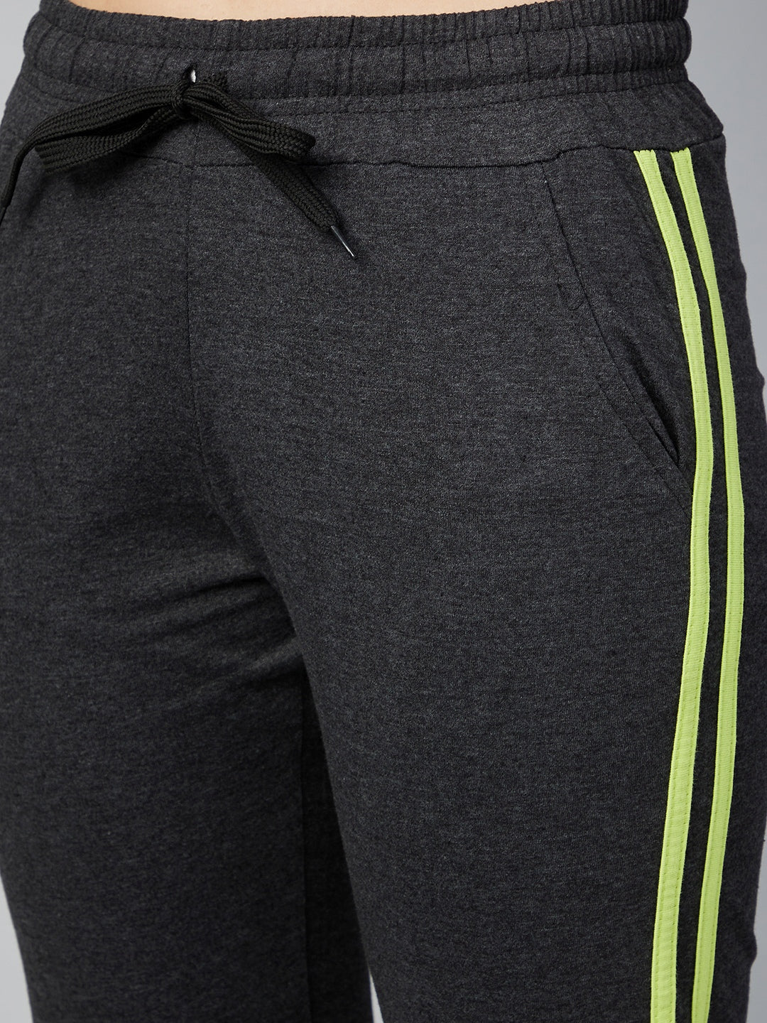 Women's Cotton Dark Grey Track Suit Set with Lime Green Stripe
