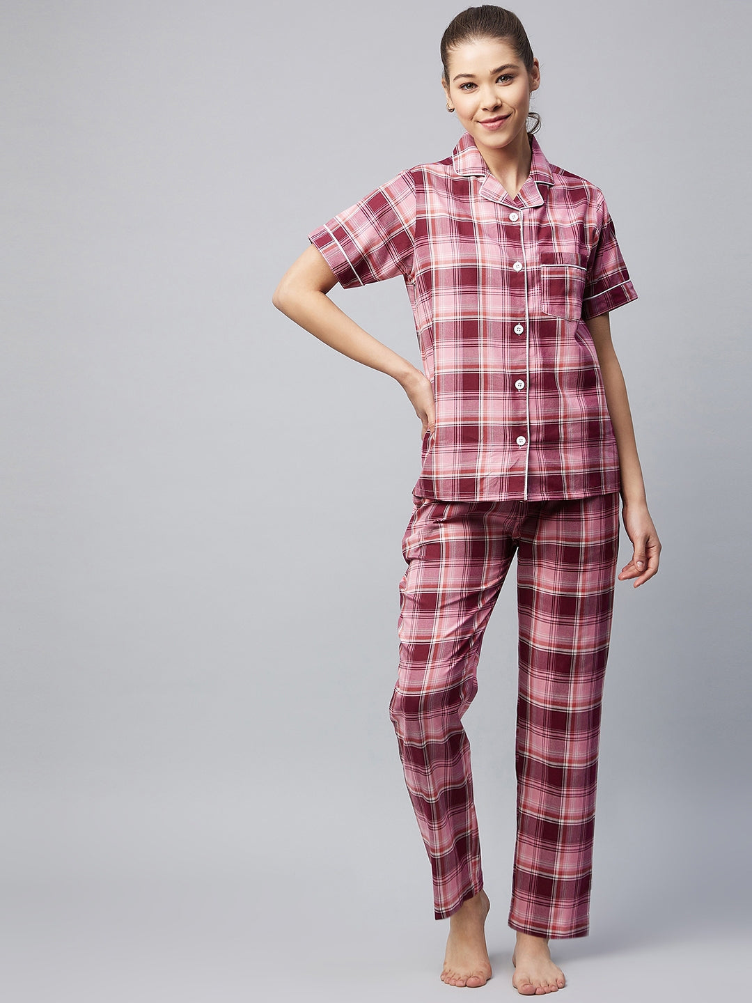 Women's Cotton Pink Checkered Night Suit