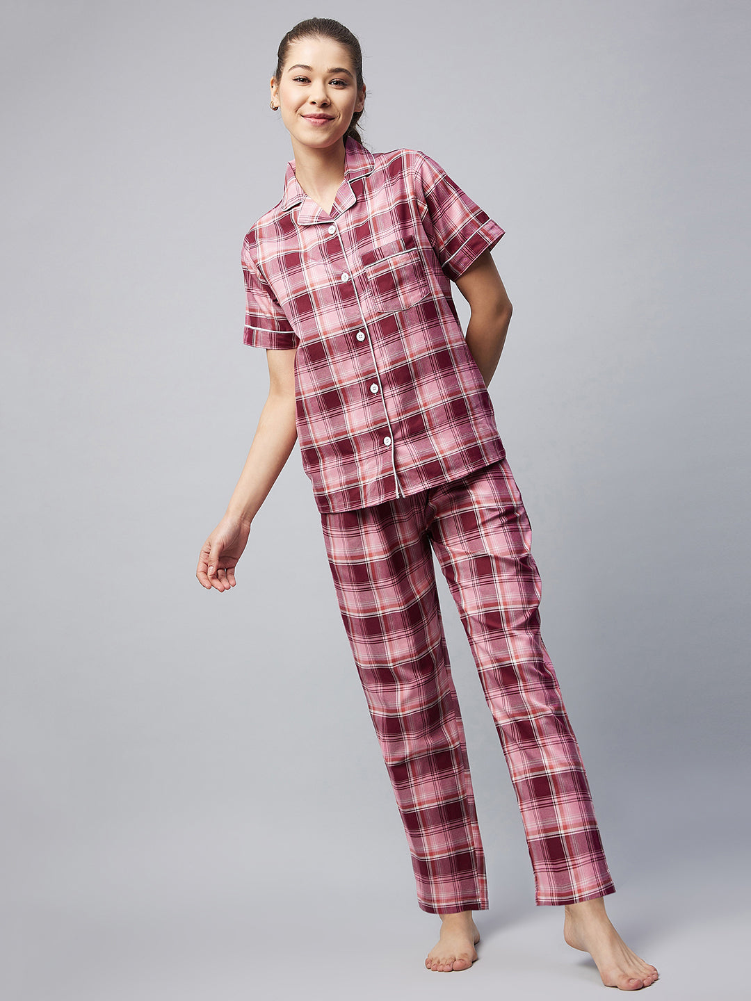 Women's Cotton Pink Checkered Night Suit