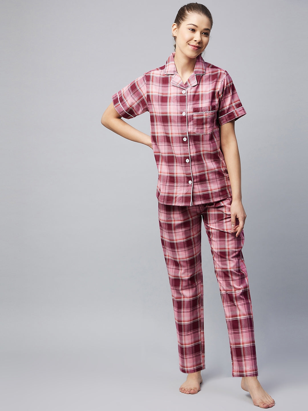 Women's Cotton Pink Checkered Night Suit
