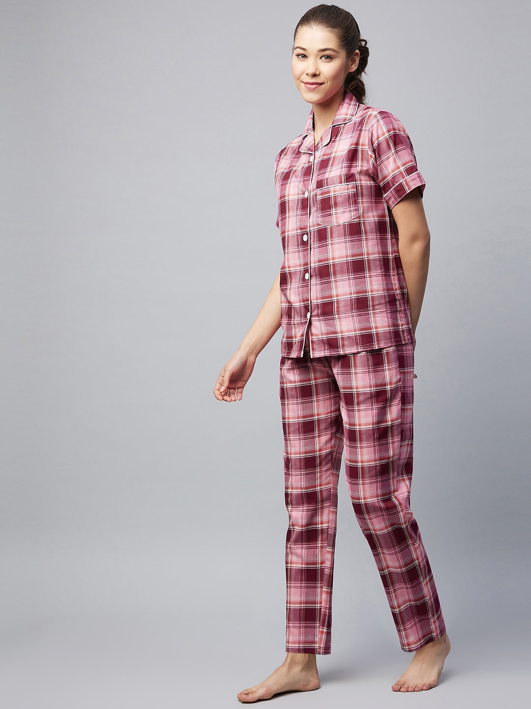 Women's Cotton Pink Checkered Night Suit