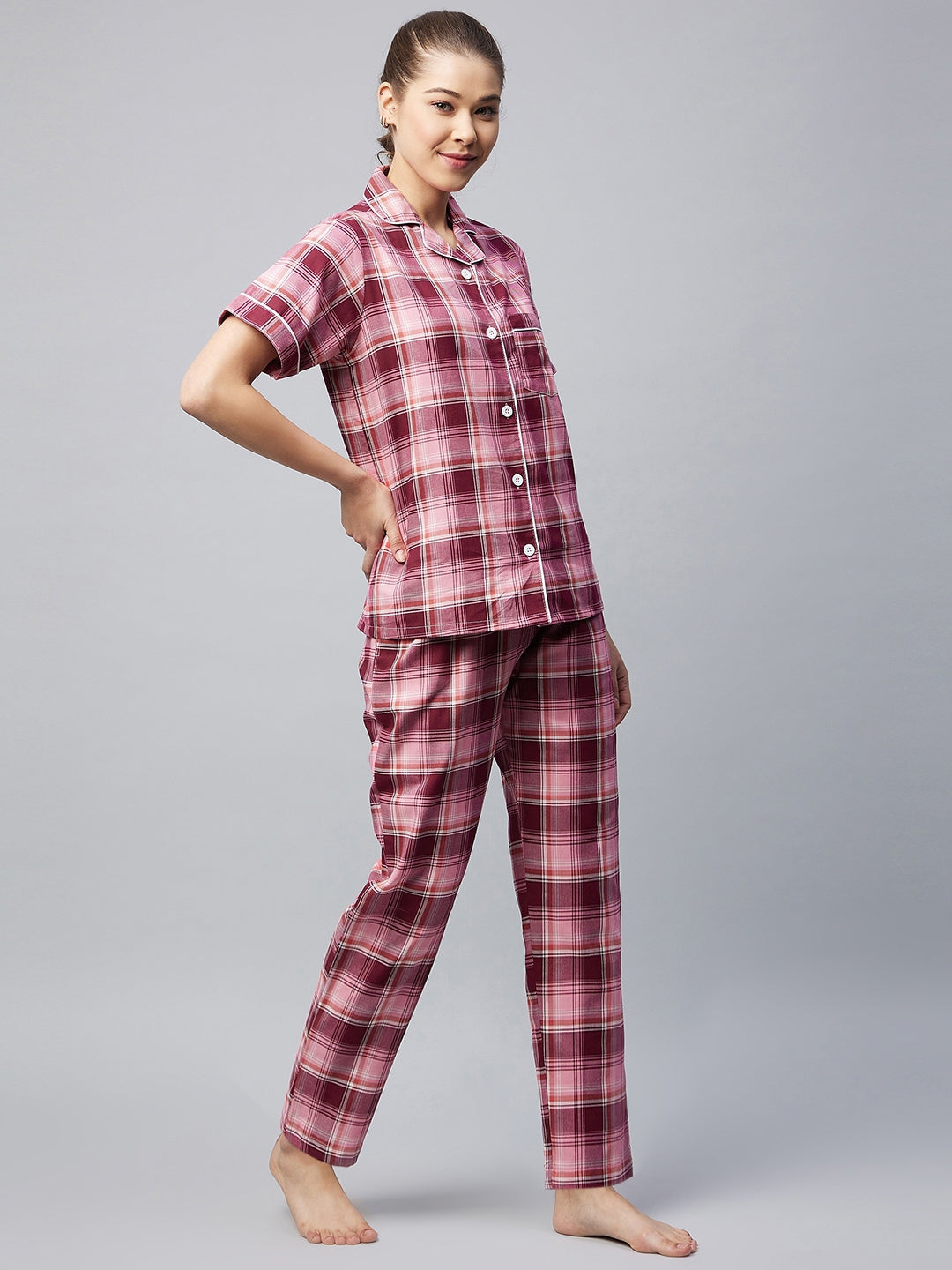Women's Cotton Pink Checkered Night Suit