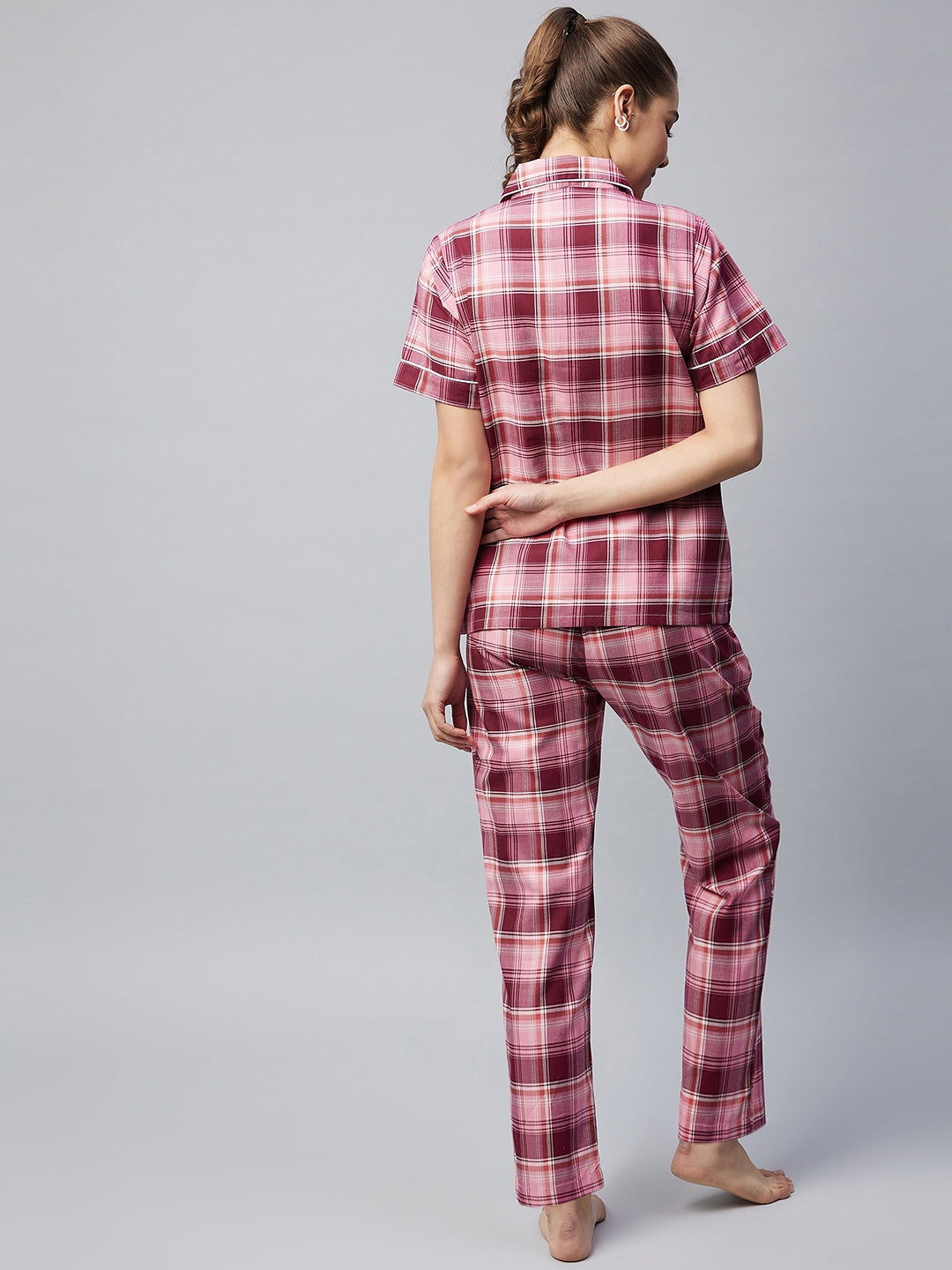 Women's Cotton Pink Checkered Night Suit