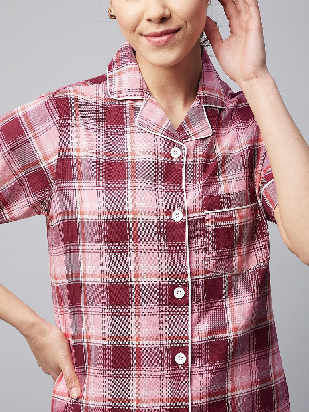 Women's Cotton Pink Checkered Night Suit