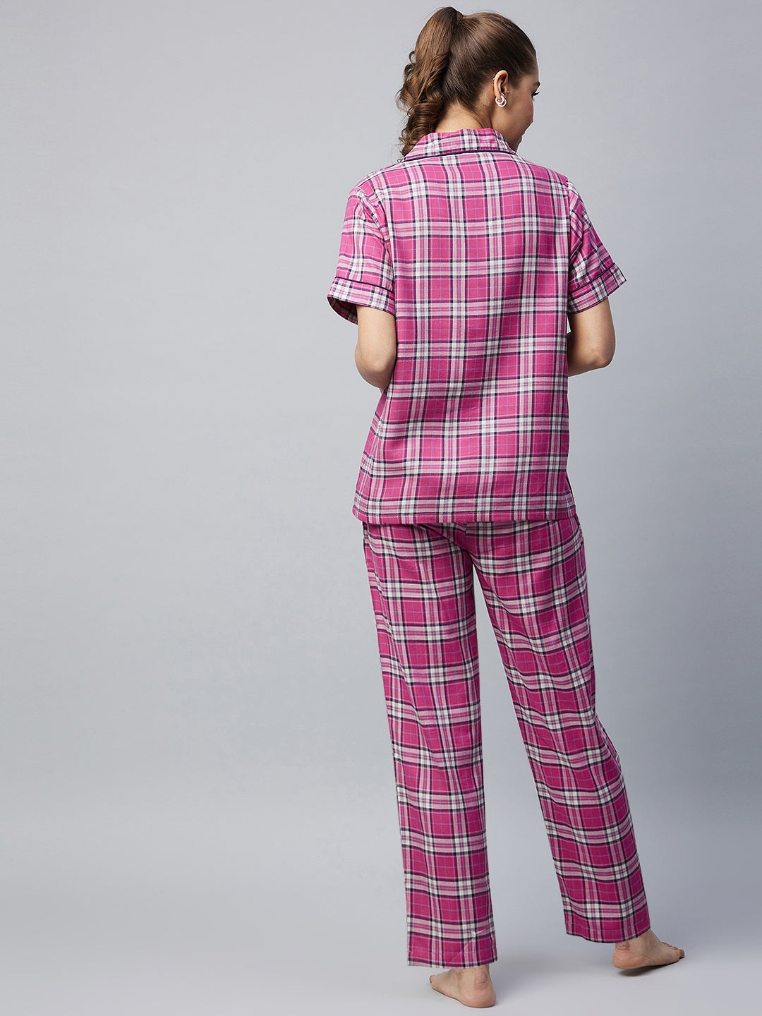 Women's Cotton Pink Checkered Night Suit