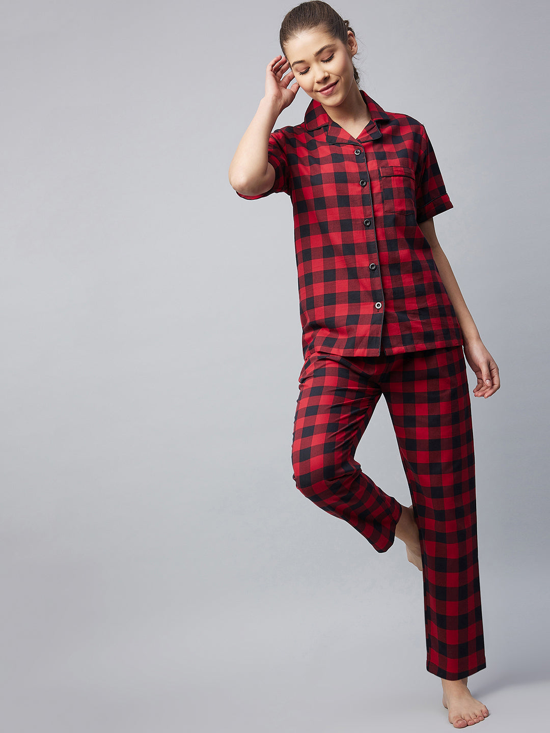 Women's Cotton Red Checkered Night Suit