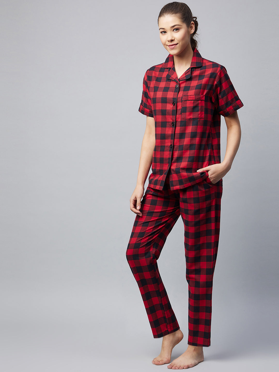 Women's Cotton Red Checkered Night Suit