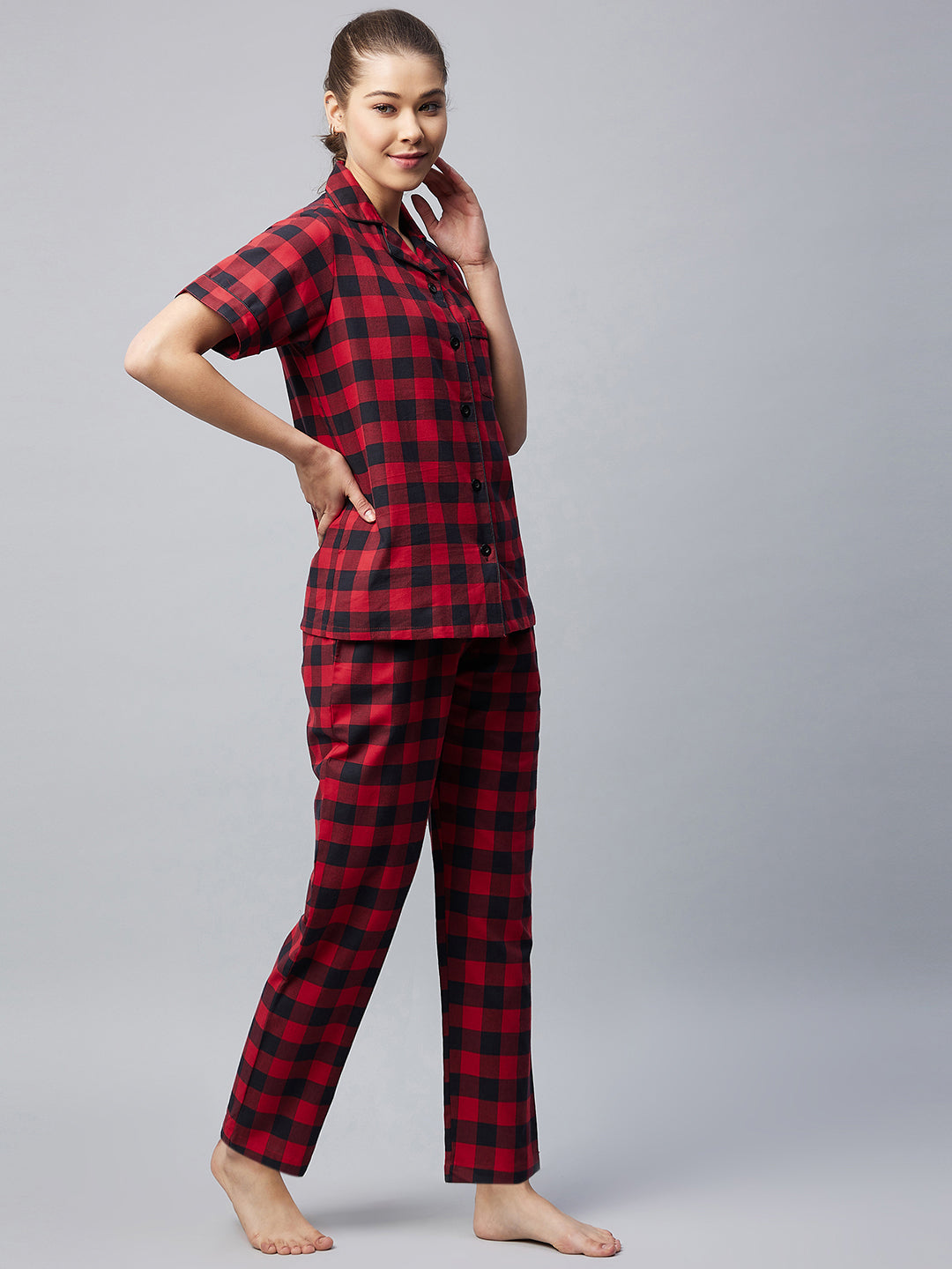 Women's Cotton Red Checkered Night Suit
