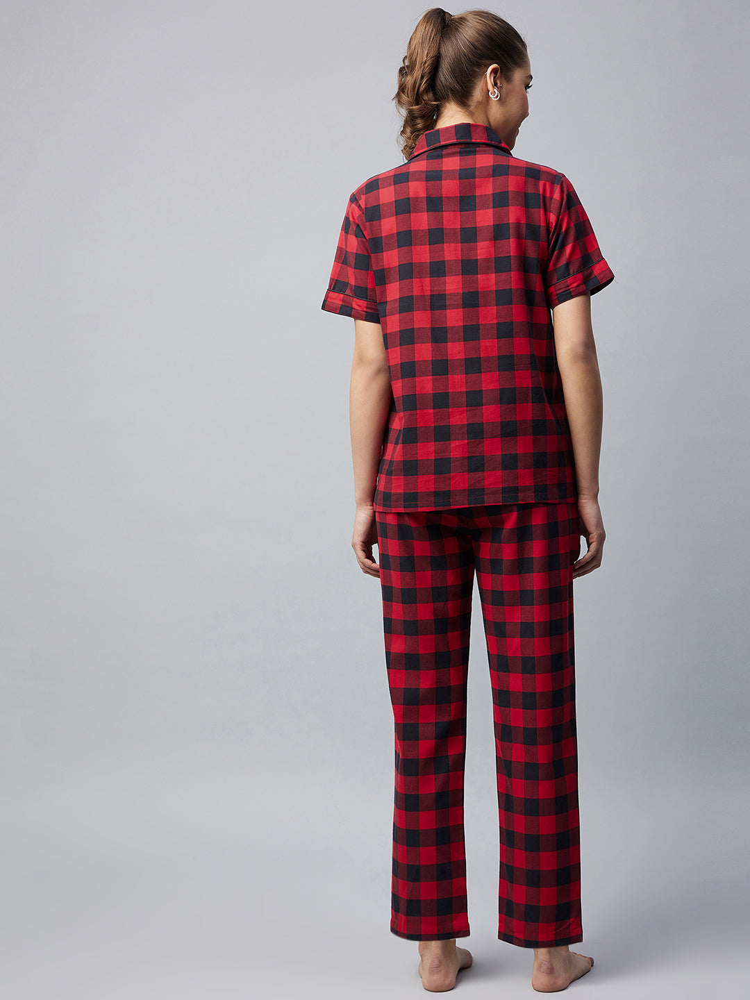 Women's Cotton Red Checkered Night Suit