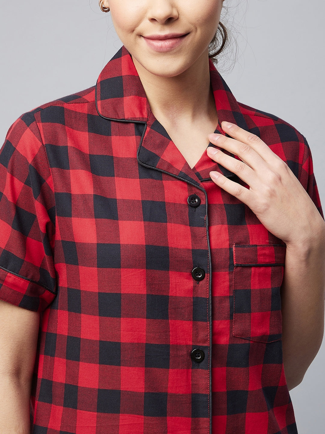 Women's Cotton Red Checkered Night Suit