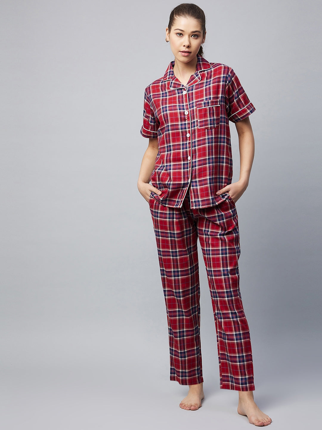 Women's Cotton Red & Blue Checkered Night Suit