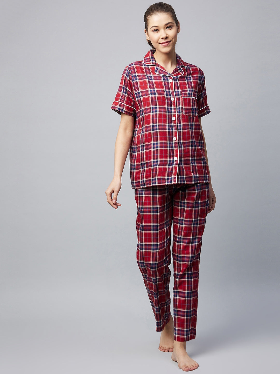 Women's Cotton Red & Blue Checkered Night Suit