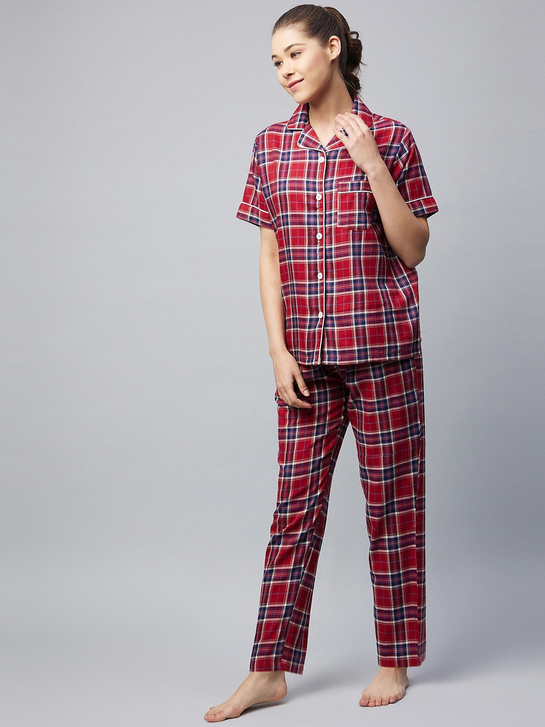 Women's Cotton Red & Blue Checkered Night Suit